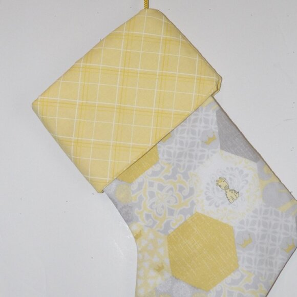 Baby Giraffes Yellow Gray White 14" Hand Crafted Christmas Stocking Yellow Cord - Picture 3 of 4